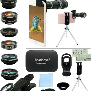 Cell Phone Camera Lens Kit,11 in 1 Universal 20x Telephoto 0.63Wide Angle 15X Macro 198°Fisheye 2X Telephoto Kaleidoscope CPL Starlight Eyemask Tripod,for Most iPhone Smartphone (Black)